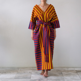 Stripe Karen long dress with belt, Yellow & indigo