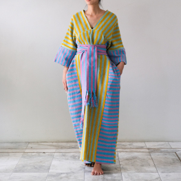 Stripe Karen long dress with belt, Blue & yellow