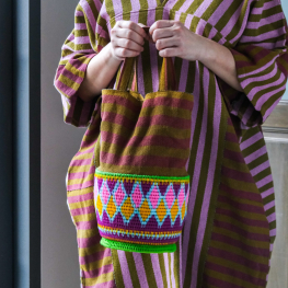 Cotton striped basket bag L (olive &purple handheld)