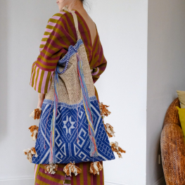 Laos Jungle Vine bag with blue & brown Tai Lue fabric and blue Lua tassel