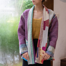 Vintage Kantha short reversible jacket with belt, Virtical pastel