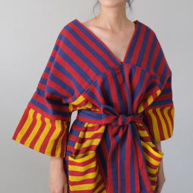 Stripe Karen short dress with belt, Yellow & indigo