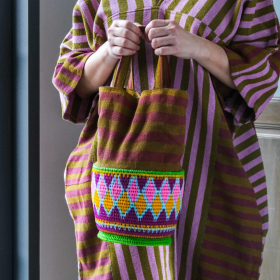 Cotton striped basket bag L (olive &purple handheld)