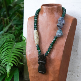 Antique jade, agate and bead necklace with a handcrafted medicine man pendant