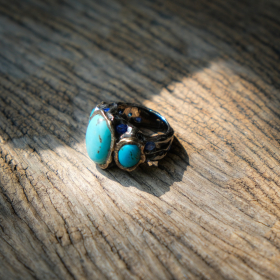 Turquoise, Blue Sapphire, Ruthenium on gold-plated silver ring