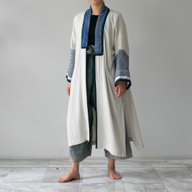 Hmong Long Coat (white with indigo batik)
