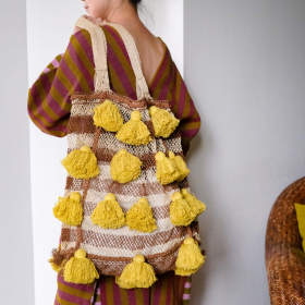 Jungle vine pom pom bag, brown stripe with lime pom pom