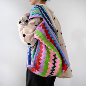 Lahu applique hand-stitched hobo bag, lilac & pink