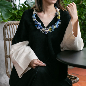 Green vocanice & lapis lazuli with cotton thread necklace