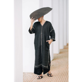 Black hemp long dress with white hand stitching